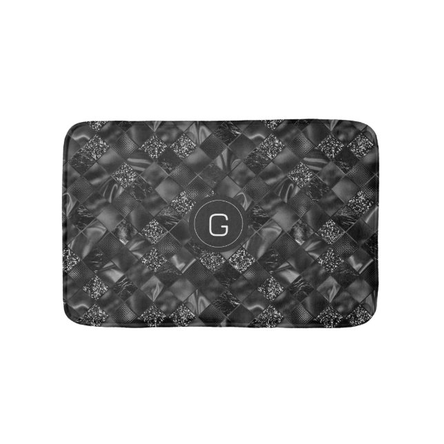 Modern Monogrammed Black Faux Glitter Pattern Bath Mat (Front)