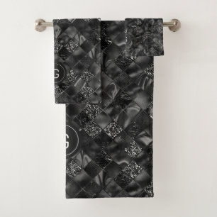Modern Monogrammed Black Faux Glitter Pattern Bath Towel Set
