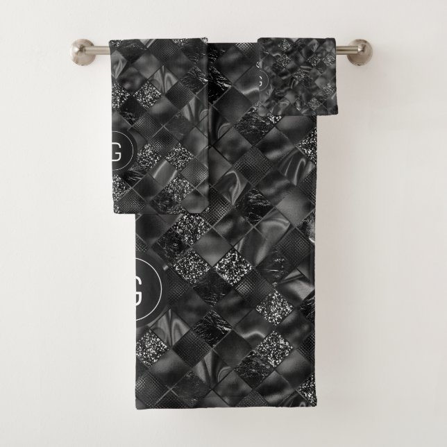 Modern Monogrammed Black Faux Glitter Pattern Bath Towel Set (Insitu)