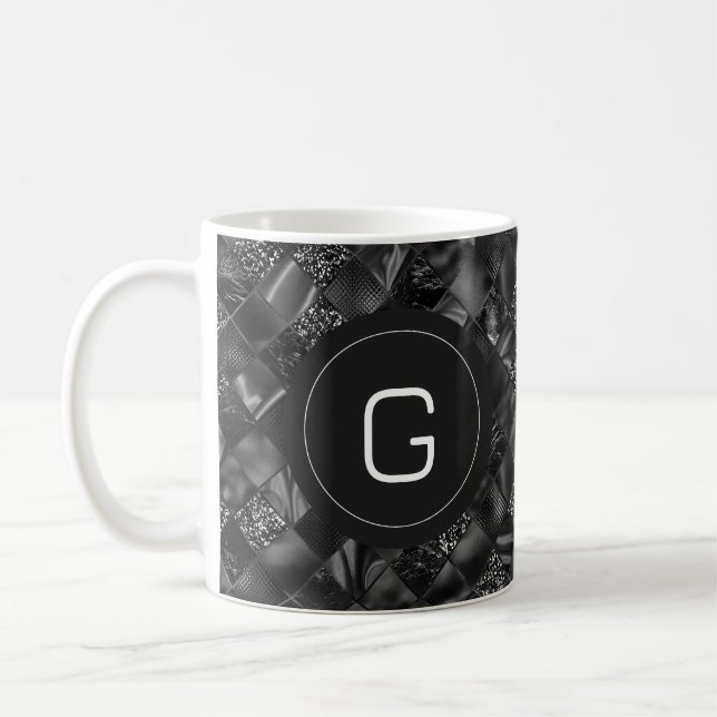 Modern Monogrammed Black Faux Glitter Pattern Coffee Mug (Left)