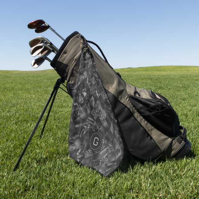 Modern Monogrammed Black Faux Glitter Pattern Golf Towel (Green)