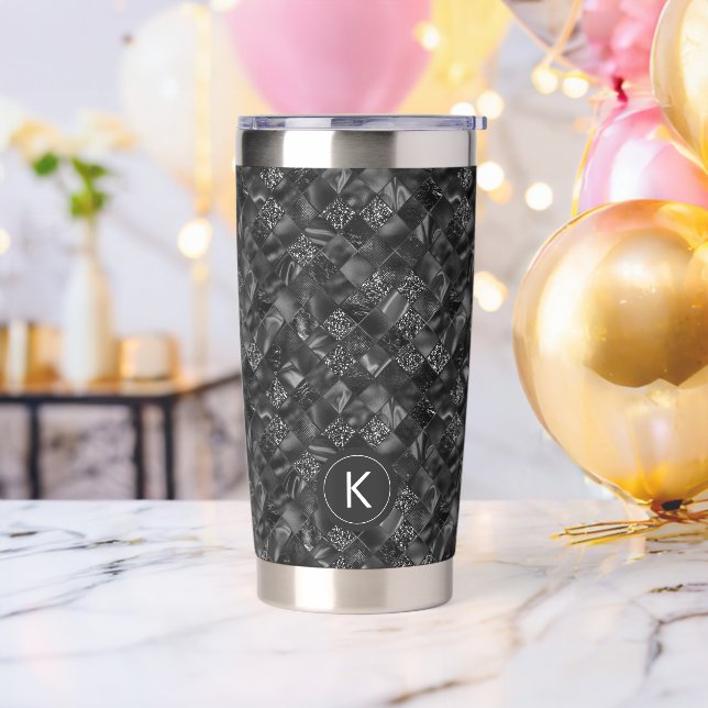 Modern Monogrammed Black Faux Glitter Pattern Insulated Tumbler (Bachelor Party)