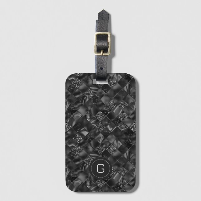 Modern Monogrammed Black Faux Glitter Pattern Luggage Tag (Front Vertical)