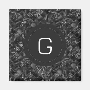 Modern Monogrammed Black Faux Glitter Pattern Magnet