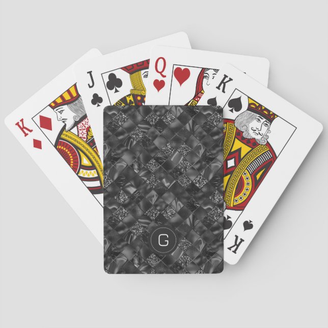 Modern Monogrammed Black Faux Glitter Pattern Playing Cards (Back)