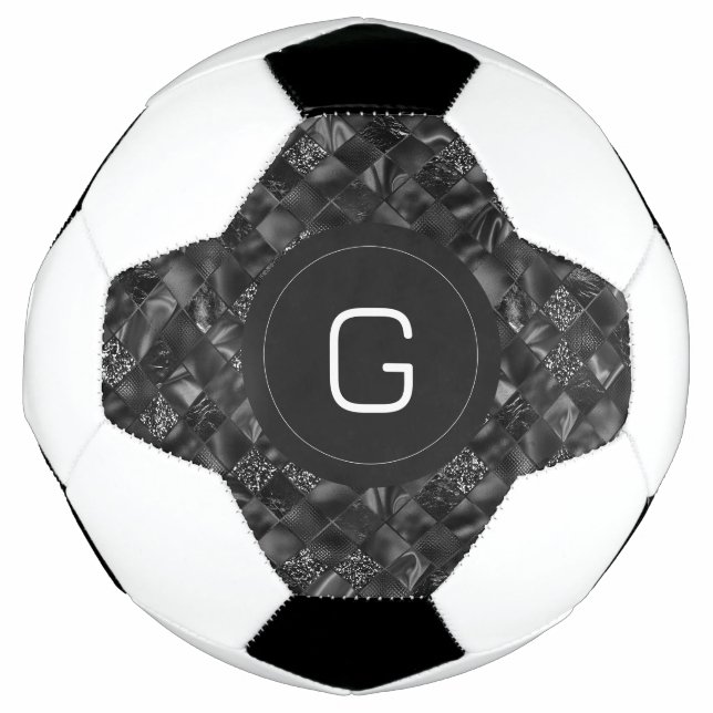 Modern Monogrammed Black Faux Glitter Pattern Soccer Ball (Front)