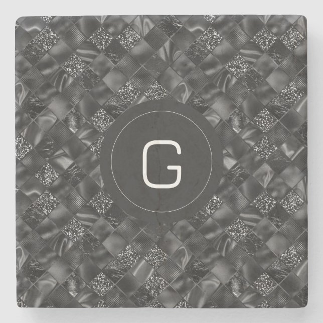 Modern Monogrammed Black Faux Glitter Pattern Stone Coaster (Front)