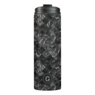 Modern Monogrammed Black Faux Glitter Pattern Thermal Tumbler