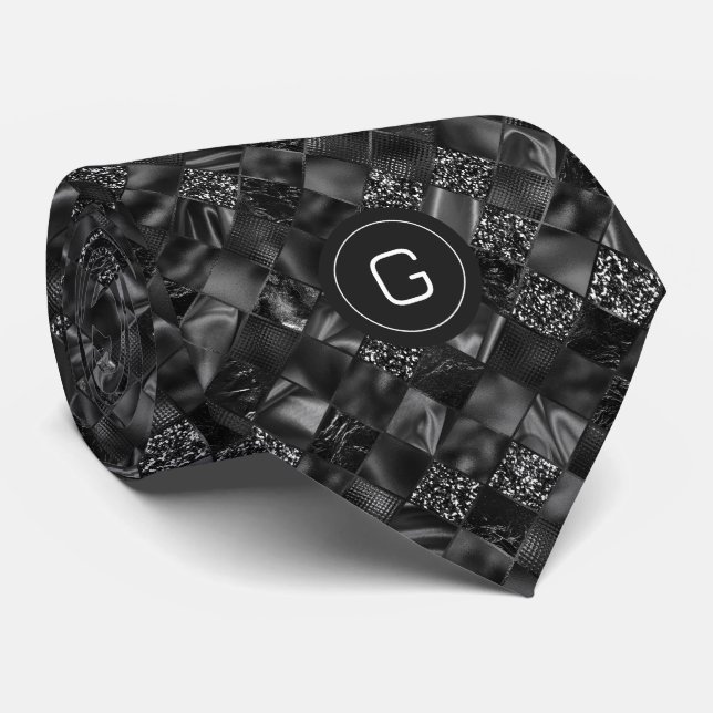Modern Monogrammed Black Faux Glitter Pattern Tie (Rolled)