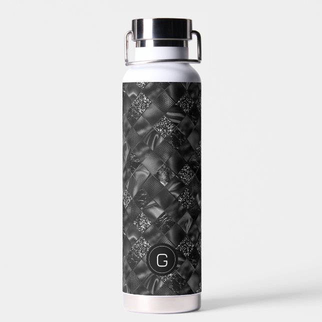 Modern Monogrammed Black Faux Glitter Pattern Water Bottle (Back)