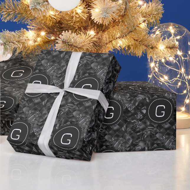 Modern Monogrammed Black Faux Glitter Pattern Wrapping Paper (Holidays)