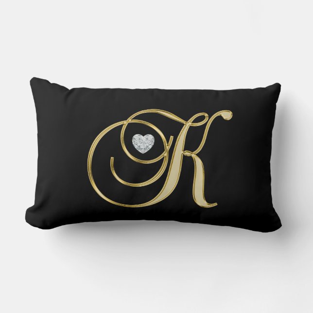 Modern Monogrammed Black Gold Letter 'K' Heart Lumbar Cushion (Front)