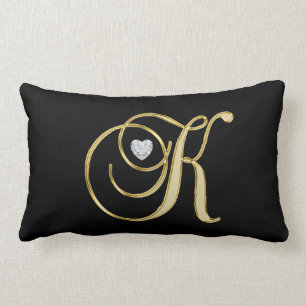 Modern Monogrammed Black Gold Letter 'K' Heart Lumbar Cushion