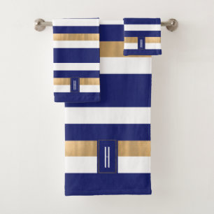 Modern Monogrammed Blue Striped  Bath Towel Set