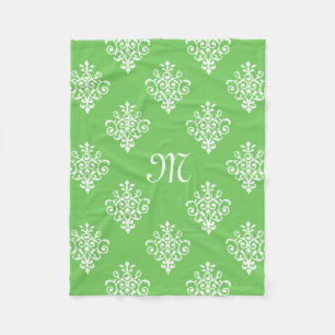 Modern Monogrammed Bright Green Damask Pattern Fleece Blanket