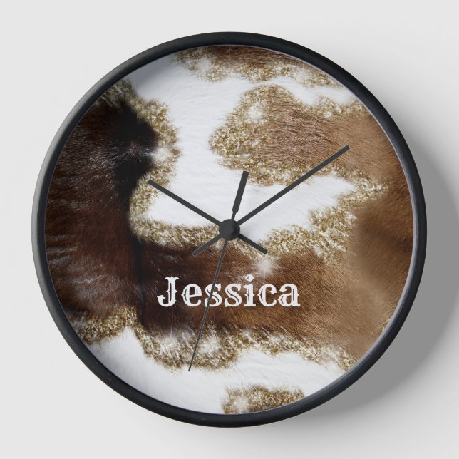 Modern Monogrammed Cowhide Pattern with Fake Glitt Clock (Front)
