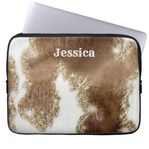 Modern Monogrammed Cowhide Pattern with Fake Glitt Laptop Sleeve