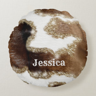 Modern Monogrammed Cowhide Pattern with Fake Glitt Round Cushion
