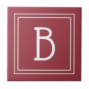 Modern Monogrammed Crimson Red & White Initial Ceramic Tile