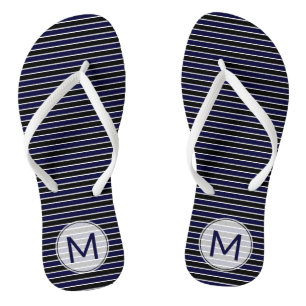 Modern Monogrammed Dark Blue Black Stripes Thongs