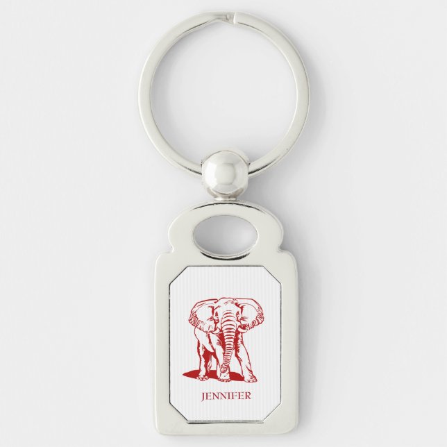 Modern Monogrammed Dark Red Elephant Key Ring (Front)