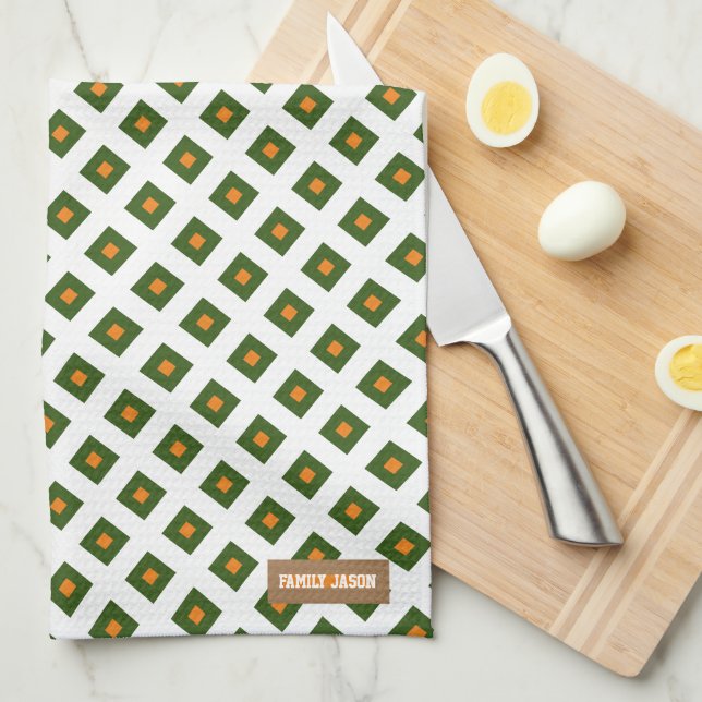 Modern monogrammed diamond pattern of white green tea towel (Quarter Fold)