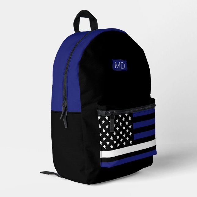Modern Monogrammed EMT EMS Thin White Line Flag Printed Backpack (Back Corner Left)