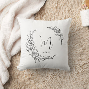 Modern Monogrammed Floral Wreath Calligraphy Cushion