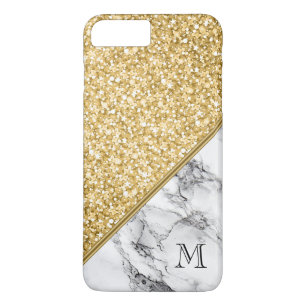 Modern Monogrammed Gold Glitter Black White Marble iPhone 8 Plus/7 Plus Case