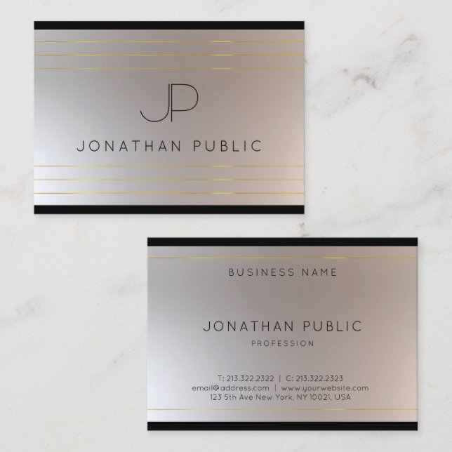 Modern Monogrammed Gold Silver Elegant Template Business Card (Front/Back)