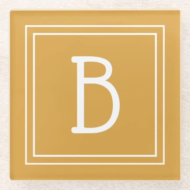 Modern Monogrammed Golden Yellow & White Initial Glass Coaster (Front)