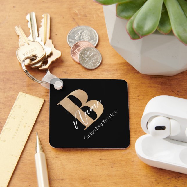 Modern Monogrammed Initial B & Name Personalised Key Ring (Desk)