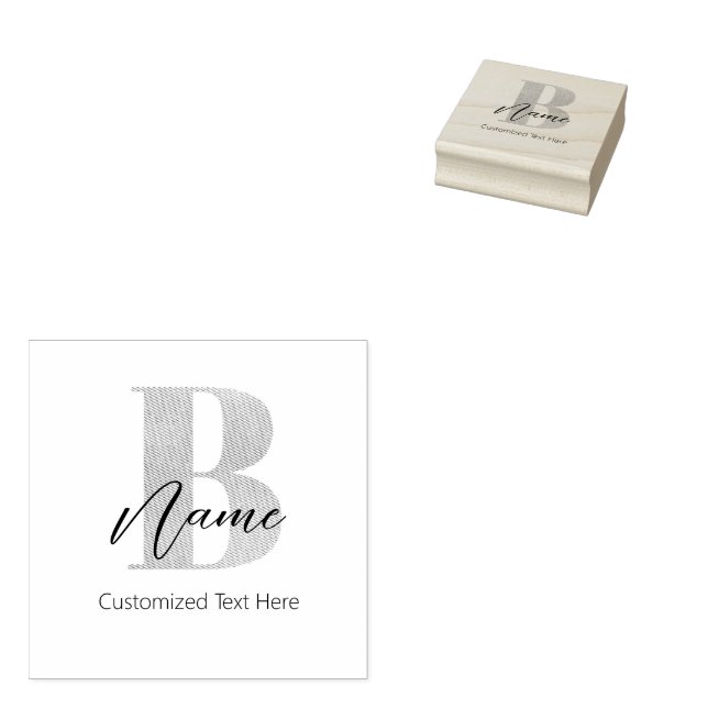 Modern Monogrammed Initial B & Name Personalised Rubber Stamp (Stamped)