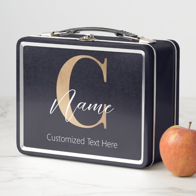 Modern Monogrammed Initial C & Name Personalised Metal Lunch Box (In Situ)