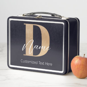 Modern Monogrammed Initial D & Name Personalised Metal Lunch Box