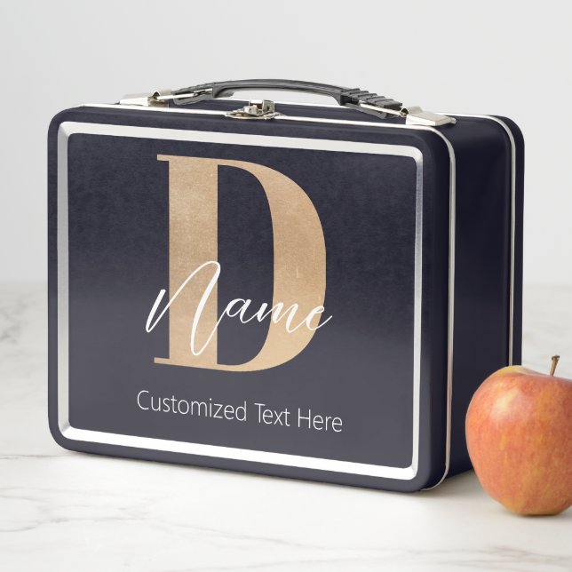 Modern Monogrammed Initial D & Name Personalised Metal Lunch Box (In Situ)