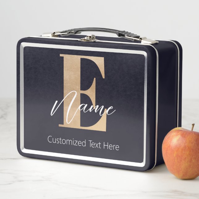 Modern Monogrammed Initial E & Name Personalised Metal Lunch Box (In Situ)