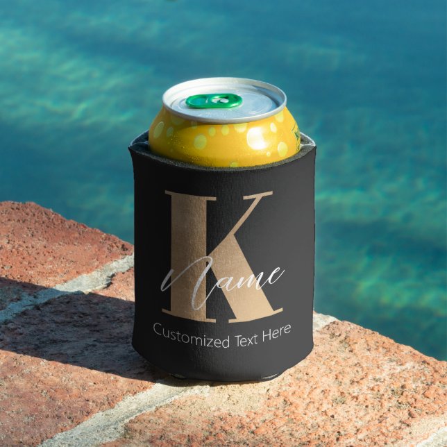Modern Monogrammed Initial K & Name Personalised Can Cooler (In Situ Pool)