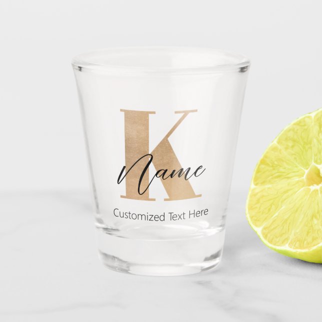 Modern Monogrammed Initial K & Name Personalised Shot Glass (Front)
