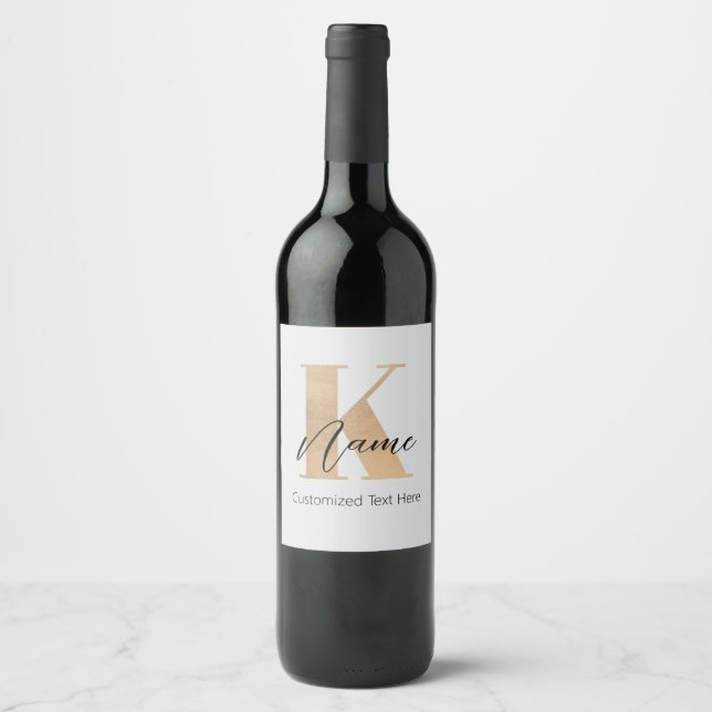 Modern Monogrammed Initial K & Name Personalised Wine Label (Front)
