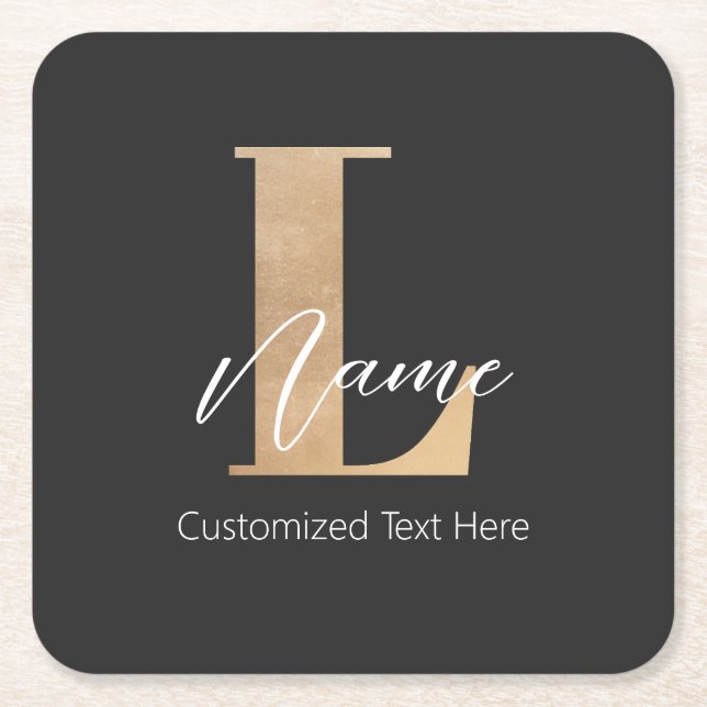Modern Monogrammed Initial L & Name Personalised Square Paper Coaster (Front)