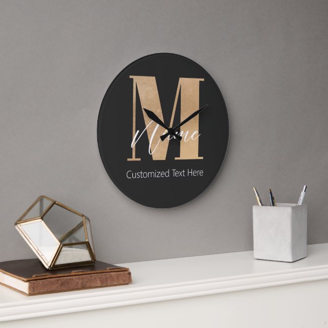 Modern Monogrammed Initial M & Name Personalised Large Clock (Office)