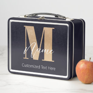 Modern Monogrammed Initial M & Name Personalised Metal Lunch Box
