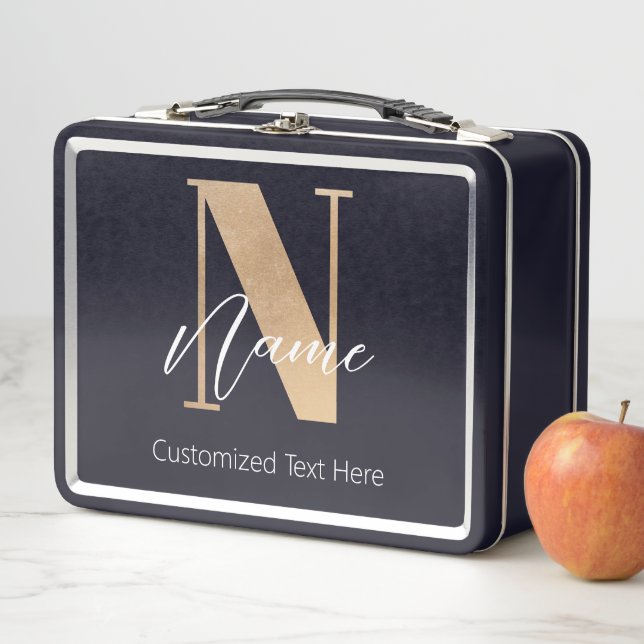 Modern Monogrammed Initial N & Name Personalised Metal Lunch Box (In Situ)