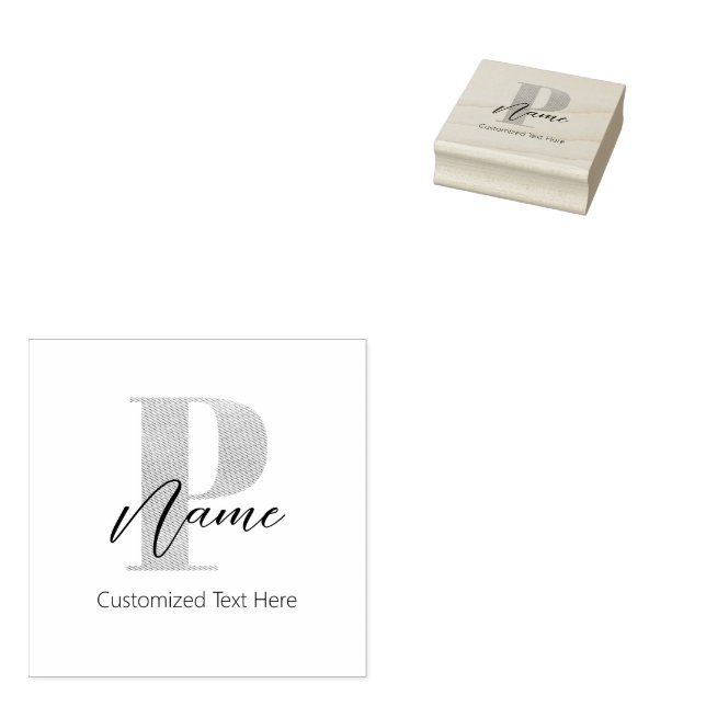 Modern Monogrammed Initial P & Name Personalised Rubber Stamp (Stamped)