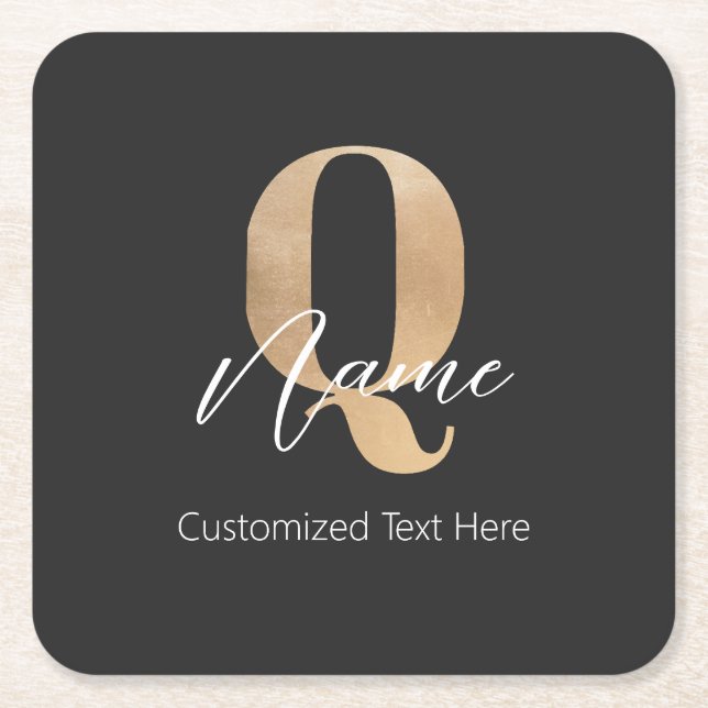 Modern Monogrammed Initial Q & Name Personalised Square Paper Coaster (Front)