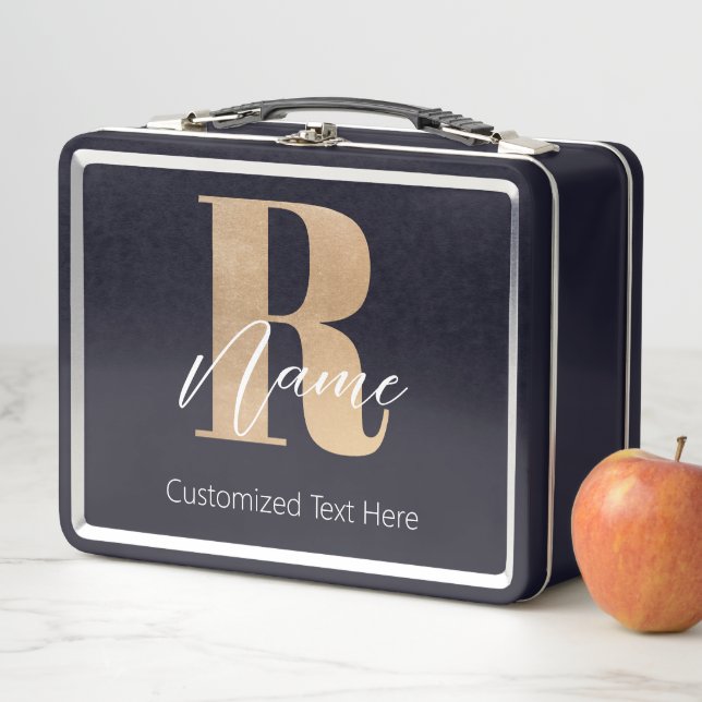 Modern Monogrammed Initial R & Name Personalised Metal Lunch Box (In Situ)