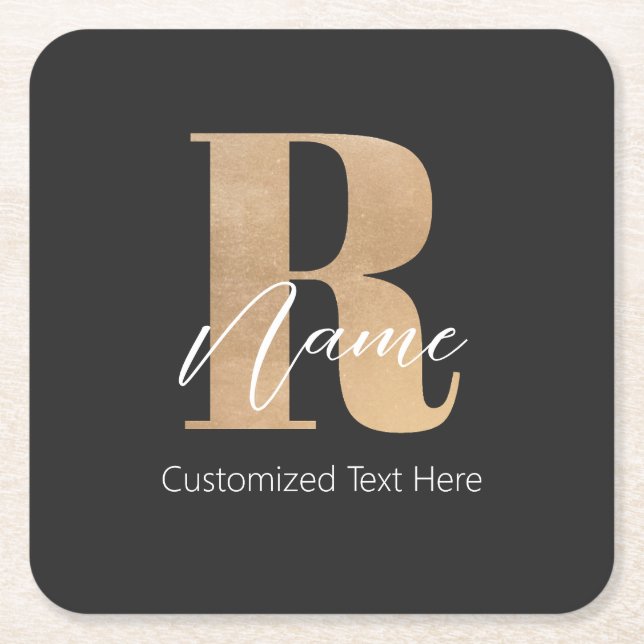 Modern Monogrammed Initial R & Name Personalised Square Paper Coaster (Front)