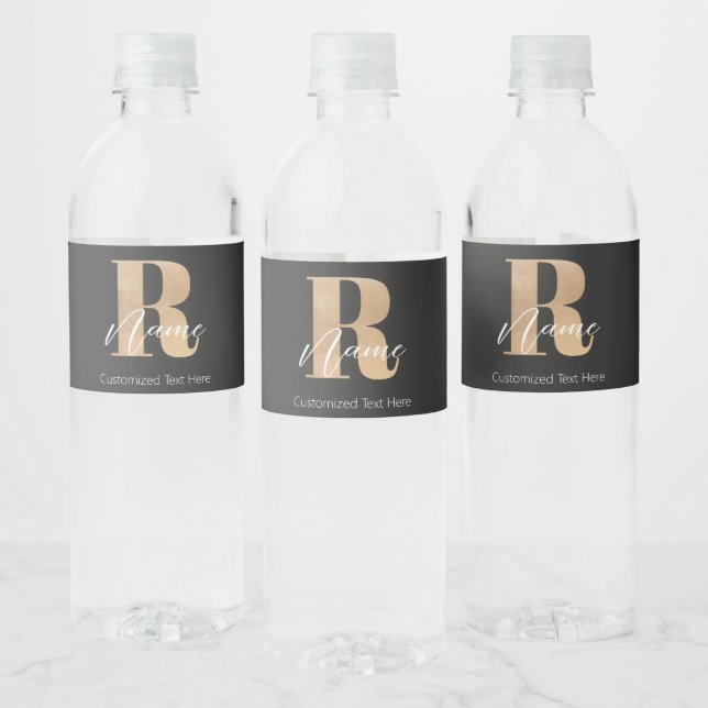 Modern Monogrammed Initial R & Name Personalised Water Bottle Label (Bottles)