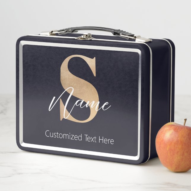 Modern Monogrammed Initial S & Name Personalised Metal Lunch Box (In Situ)